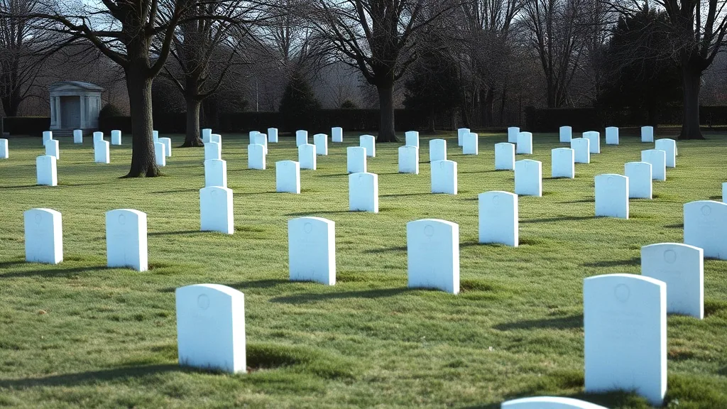 A country cemetery lawn of plain upright markers under bare trees in low winter light.