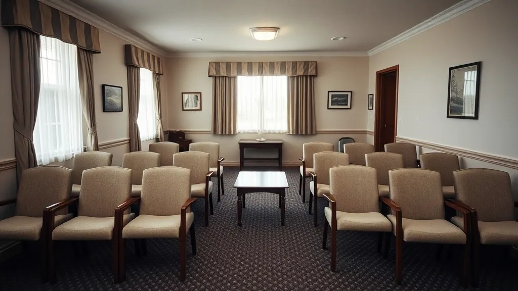 Rows of plain chairs set out in an empty visitation room, curtained windows and a low table at the front.