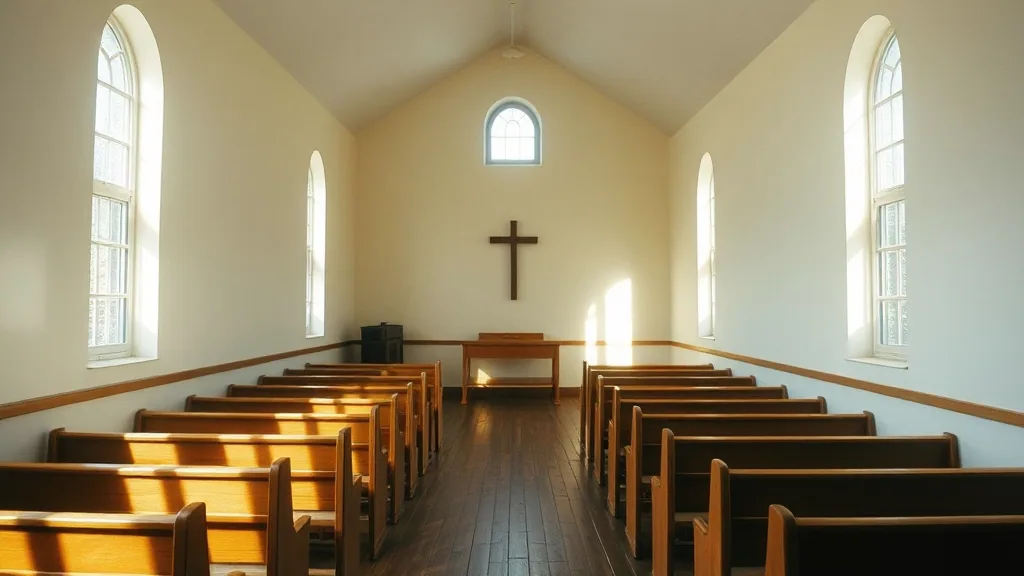 The inside of a small plain chapel, wooden pews and clear windows, afternoon light across the floor, nobody in the room.