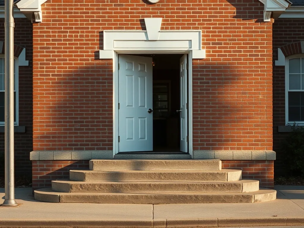 The open door of a small brick chapel seen from the street in the afternoon, stone steps up to it.