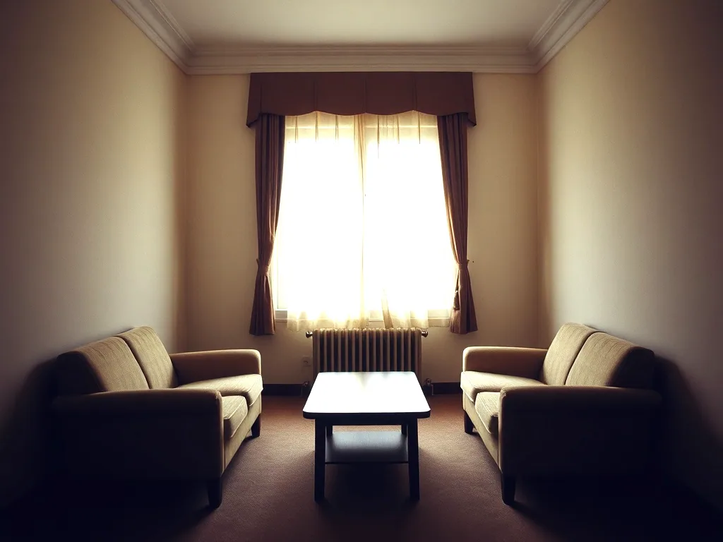 A quiet room with two small sofas facing a low table, a curtained window between them, warm light coming through.